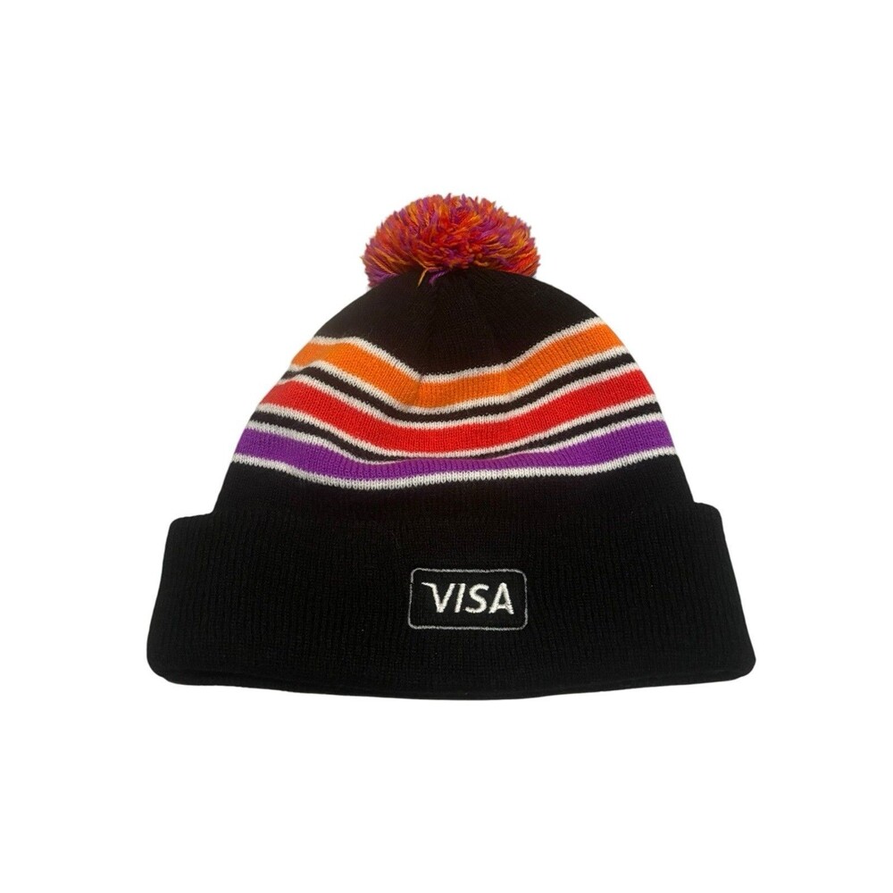 Vintage VISA ‘’SF’’ Stripe Pom-Pom OS Black Beanie